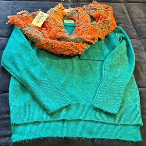 Zenana Outfitters Teal Sweater with Orange Scarf